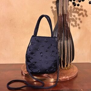 Elegant Navy Blue Floral Appliqué Handbag